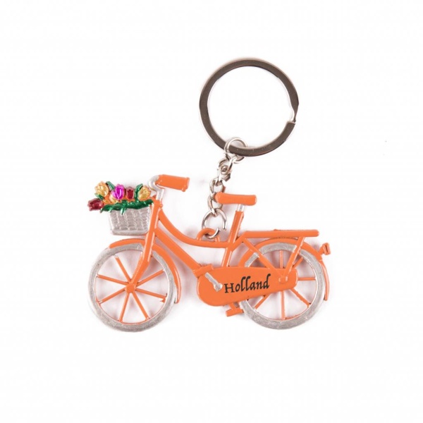 Sleutelhanger fiets met tulpen Holland, oranje metaal /Key ring Bicycle with tulips orange metal