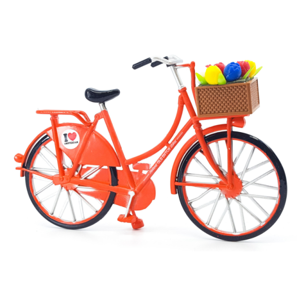 Miniatuurfiets met tulpjes oranje/ Miniature bicycle with tulips orange