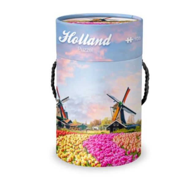 Puzzelkoker Holland Tulpenveld/ Jigsaw Puzzle tube Dutch Tulip fields